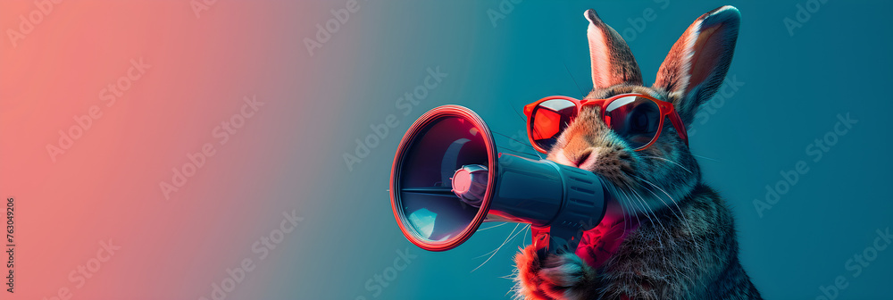 A cool bunny rabbit holding a loudspeaker megaphone banner for advertising or promotion. - obrazy, fototapety, plakaty 