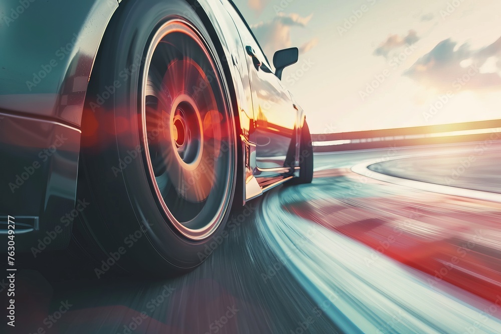 A car is driving down a race track with a bright orange rim on the front tire. Generative AI