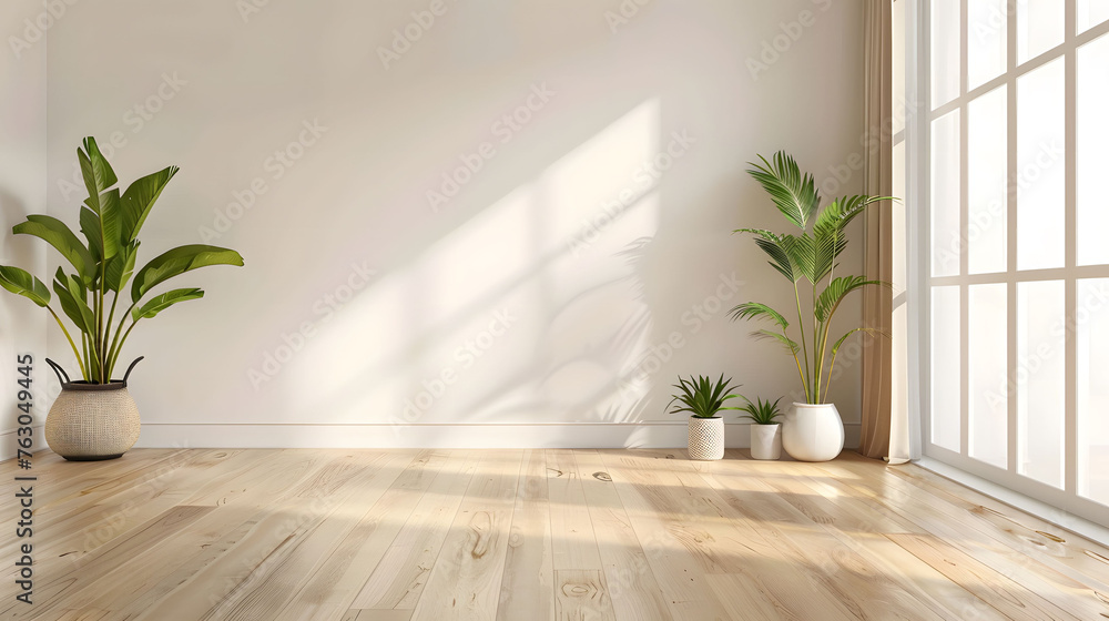 Minimalist interior design of an empty room with a white wall and wooden floor, green plants in pots on the side. Simple and clean interior with bright natural light from a window. Copy space. - obrazy, fototapety, plakaty 