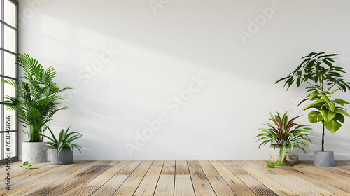 Minimalist interior design of an empty room with a white wall and wooden floor, green plants in pots on the side. Simple and clean interior with bright natural light from a window. Copy space.