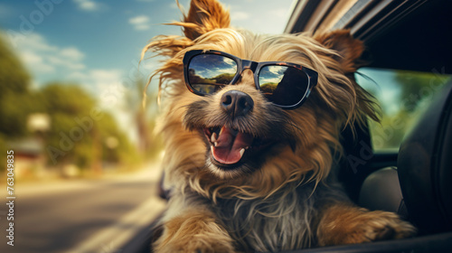 A cool dog wearing sunglasses enjoys a stylish ride in