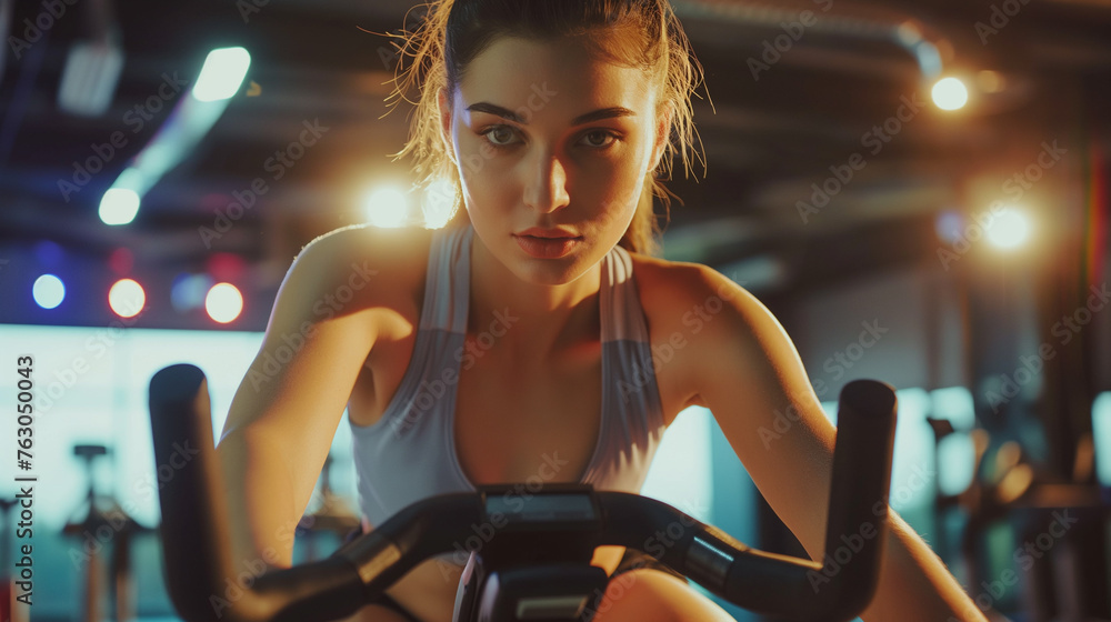 Fototapeta premium Young woman pedals anexercise bikke in the gym.