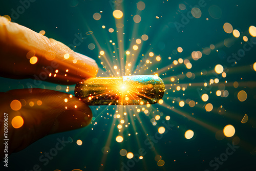 Doigts tenant une pilule magique