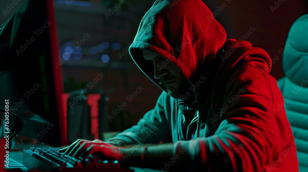Hacker man hacking data system in a dimly light room Hacker man hacking data system in a dimly light room