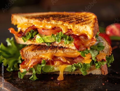 A tasty grilled cheese sandwich with bacon, lettuce, tomato and avocado