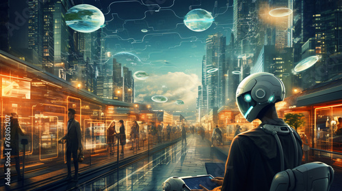 A cybernetic city where robots and humans coexist with