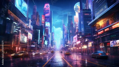 A cybernetic cityscape where holographic advertisement © Cybonix