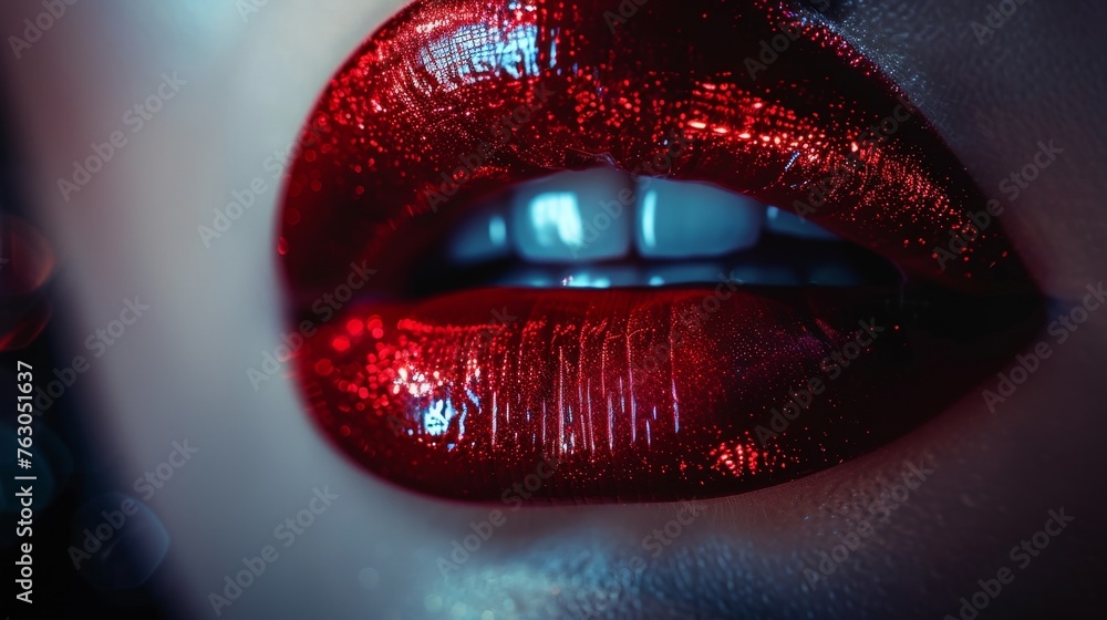 A close-up of bold, seductive red glitter-coated lips, embodying the essence of glamour and sensuality. A close-up of bold, seductive red glitter-coated lips, embodying the essence of glamour and sensuality.