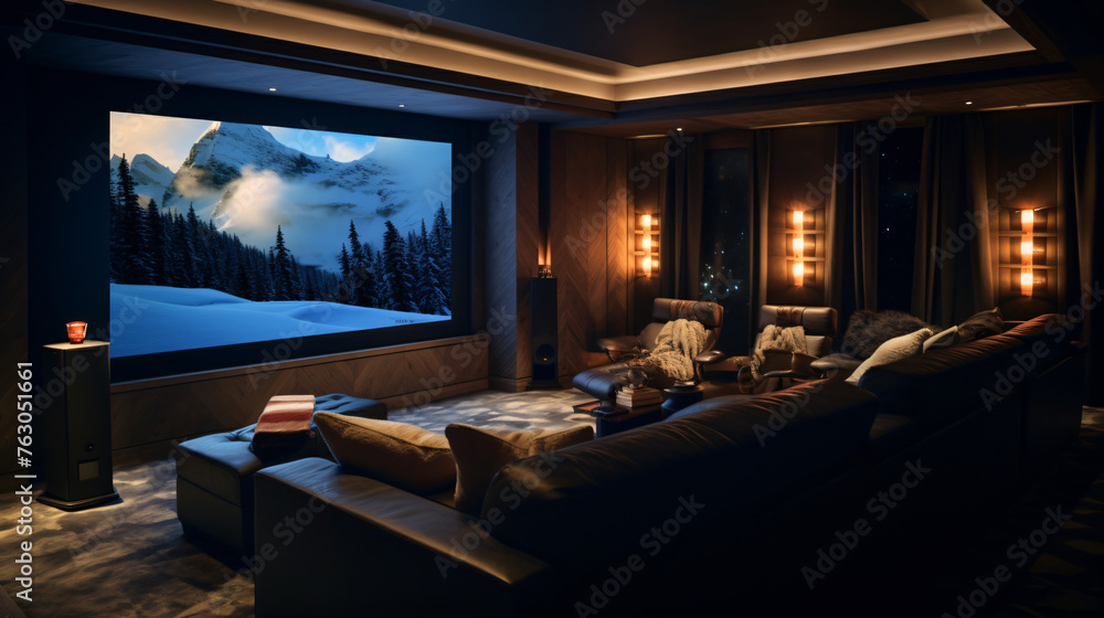 Interior of a cozy home cinema room designed for movie