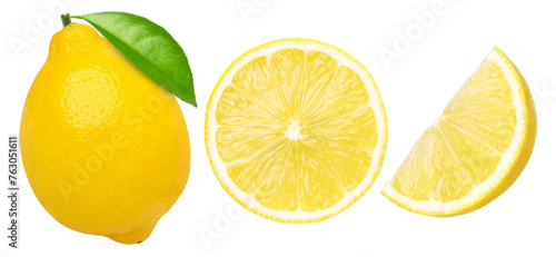 lemon fruit with leaves, slice and half isolated, Fresh and Juicy Lemon, transparent png, PNG format
