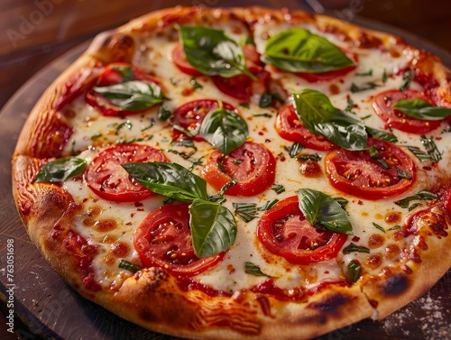 Artisanal Wood-Fired Pizza Adorned with Fresh Tomatoes and Basil Leaves