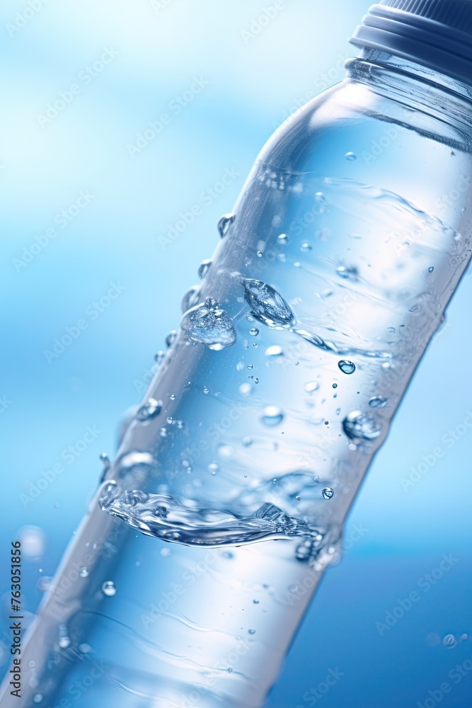 Water bottle with blank label on light blue background. Generative Ai Water bottle with blank label on light blue background. Generative Ai