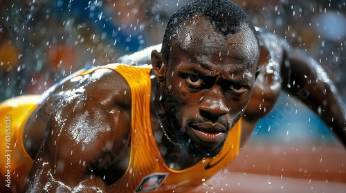 Determined Athlete Mid-Race in Rain, Focus in Athletic Performance