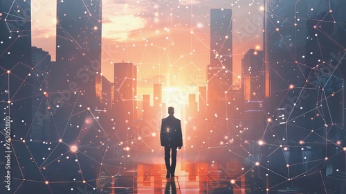 Businessperson standing at center of connections network in modern city, digital illustration