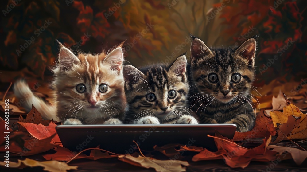 Three Cats Look Laptop Screen Lie, Banner Image For Website, Background, Desktop Wallpaper