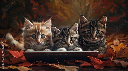 Three Cats Look Laptop Screen Lie, Banner Image For Website, Background, Desktop Wallpaper