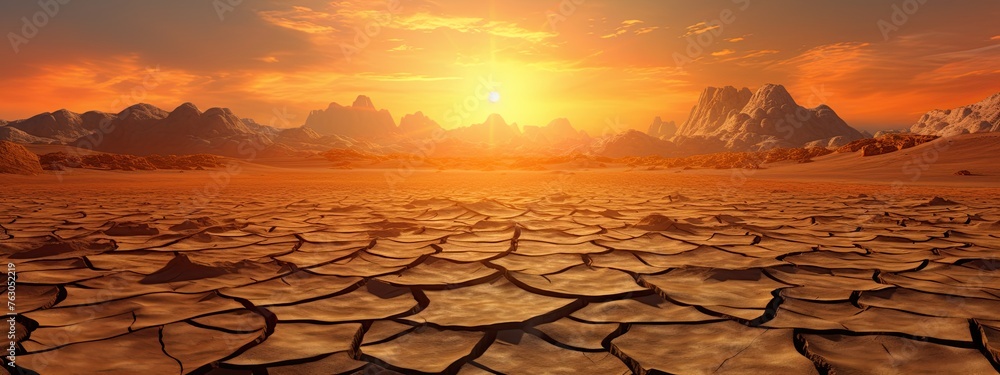 Cracked desert ground and rocky landscape at sunset. Generative Ai - obrazy, fototapety, plakaty 
