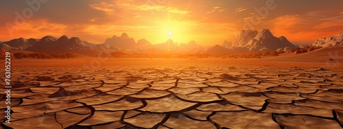Cracked desert ground and rocky landscape at sunset. Generative Ai photo