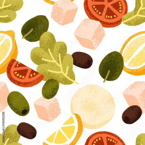 Food ingredients, seamless pattern. Vegetable Greek salad, endless background. Lettuce, olives, feta cheese, tomato and lemon, repeating print design. Colored flat graphic vector illustration