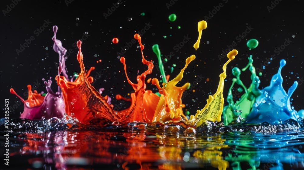 Colorful paint splashing in water on black background, dynamic abstract liquid art