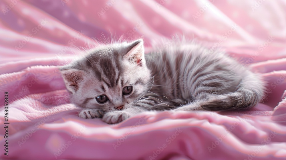 White Striped Kitten Plays On Pink, Banner Image For Website, Background, Desktop Wallpaper