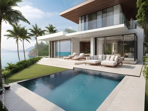 Modern design living room interior photo rendering with large windows and lake view By Alim Graphic © Abdul