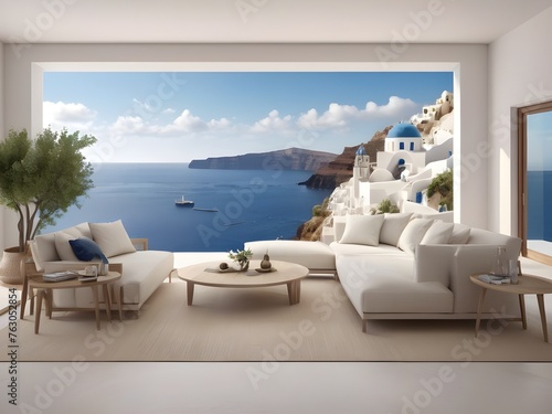 Modern design living room interior photo rendering with large windows and lake view By Alim Graphic © Abdul