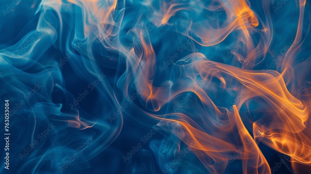 Abstract fluid shapes and forms in layers of blue and orange smoke, mysterious exploration - obrazy, fototapety, plakaty 