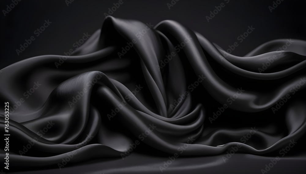 Fototapeta premium Black wavy silk drapery curtains falling off on a dark velvet studio background