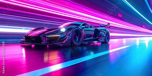 Speeding Sports Car On Neon Highway. Powerful speed