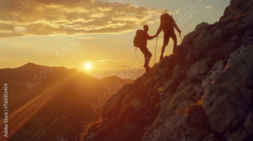 Hiker helping friend up a mountain