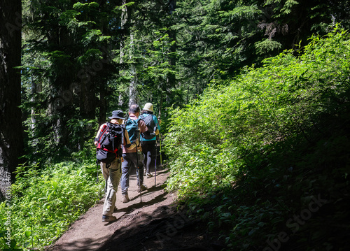 Three people hiking Summit Lake Trail at Mount Rainier National Park in summer. Washington State. © Janice