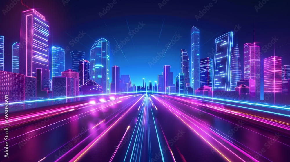 Abstract speed light trails in futuristic smart city with neon skyscrapers, motion effect illustration