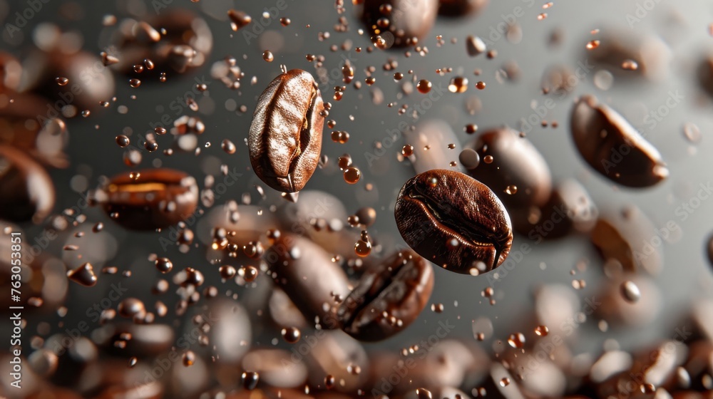 Aromatic coffee beans dynamically flying and splashing on transparent background, high-speed photography Aromatic coffee beans dynamically flying and splashing on transparent background, high-speed photography