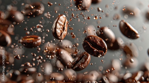 Aromatic coffee beans dynamically flying and splashing on transparent background, high-speed photography