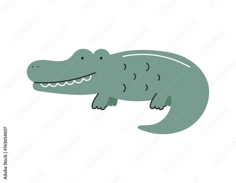 Cute crocodile. Flat cartoon vector illustration isolated on white background. For card, posters, banners, printing on the pack, printing on clothes, fabric, wallpaper, textile or dishes.