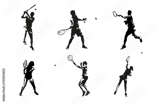 Tennis, group of men and women playing tennis, isolated vector silhouettes