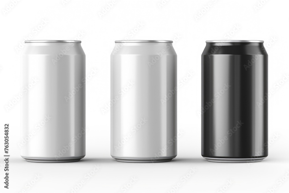 Three soda cans displayed on a plain white background. Perfect for advertising or beverage concepts Three soda cans displayed on a plain white background. Perfect for advertising or beverage concepts