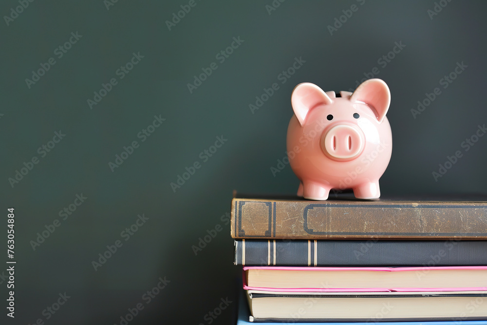 Piggy bank on top of books , copy space for text Piggy bank on top of books , copy space for text