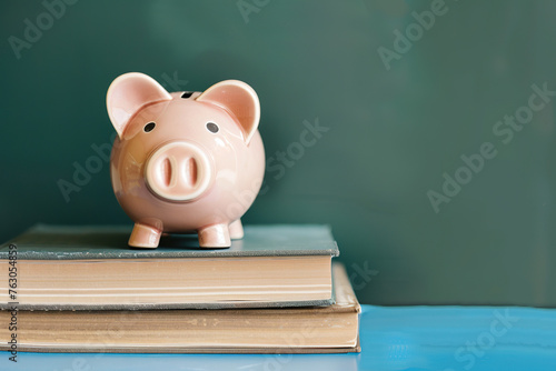 Piggy bank on top of books , copy space for text 