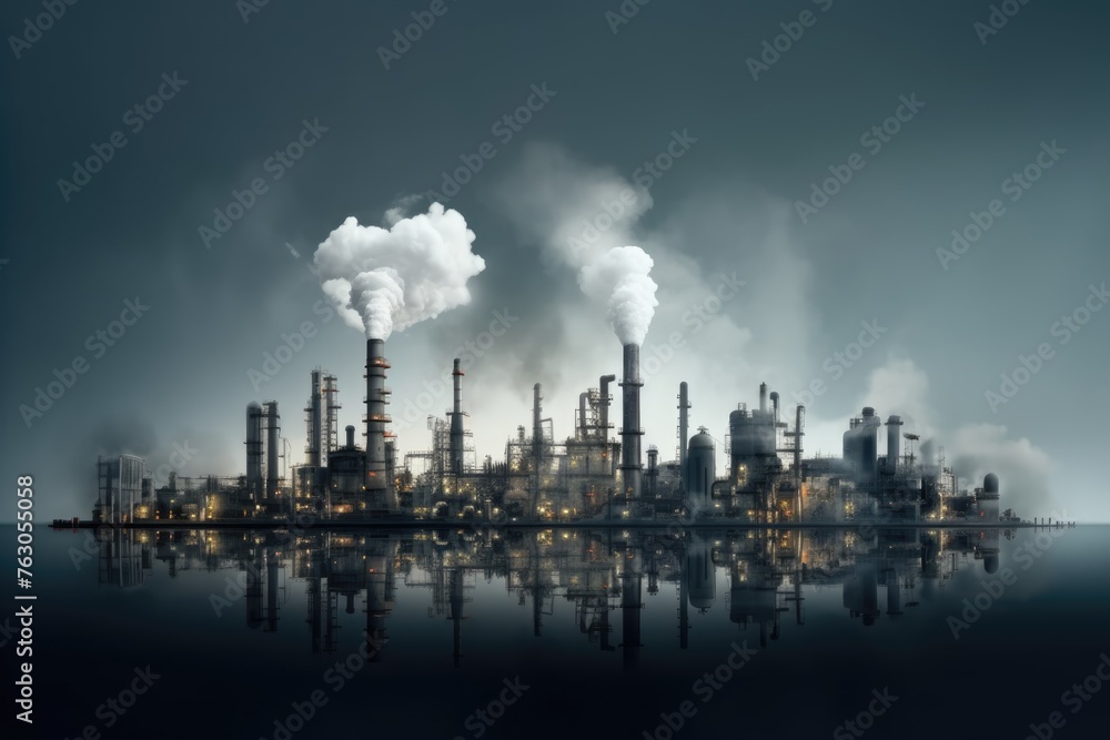 Smoke billows from stacks at a refinery, mirrored on water surface, conveying the theme of industrial pollution. Industrial Impact: Refinery Emitting Smoke