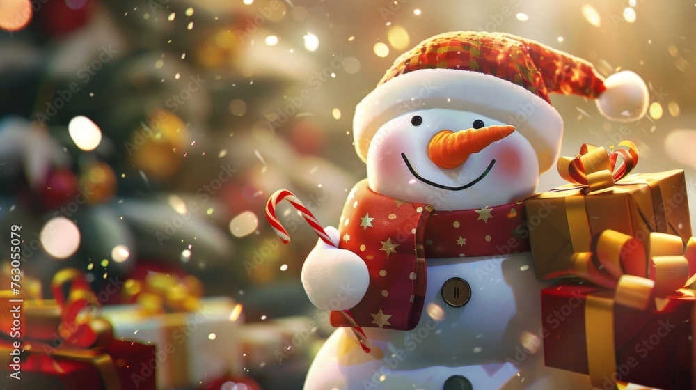 Cute snowman with gifts celebrating Christmas and New Year, digital illustration