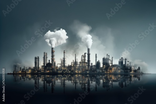 Smoke billows from stacks at a refinery  mirrored on water surface  conveying the theme of industrial pollution. Industrial Impact  Refinery Emitting Smoke