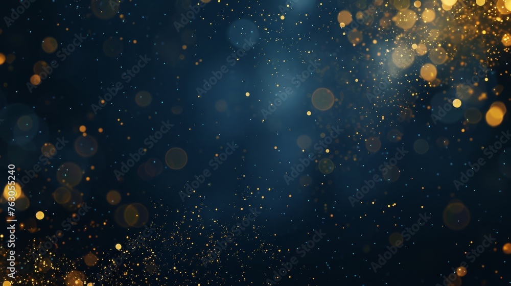 Dark blue and gold abstract background, Christmas golden particles bokeh on navy blue