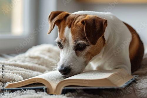 Dog reading a book on sofa