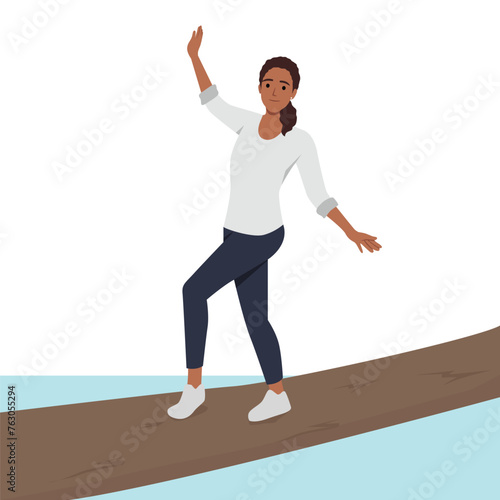 Woman participate in hike balancing on log thrown across river. Flat vector illustration isolated on white background
