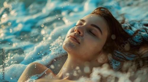 A peaceful image of a woman relaxing in the water. Suitable for wellness and relaxation concepts