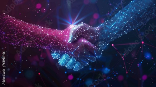 Digital handshake illustration, futuristic partnership and collaboration concept