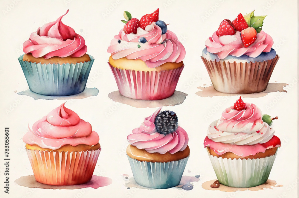 Set of watercolor cupcakes isolated on white background. Hand drawn watercolor illustration. AI generated
