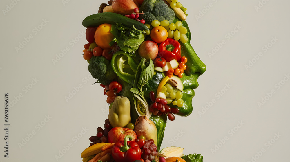 human head crafted from fruits and vegetables, healthy lifestyle concept, copy space